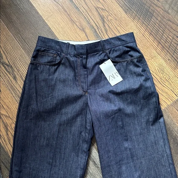 Zara Dark Blue Denim Wide-Leg Trouser High Waist Jeans Women’s Size 12 - Picture 4 of 9